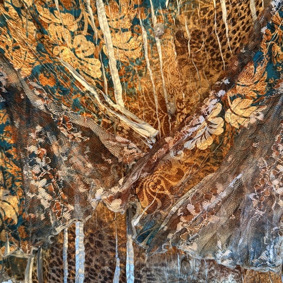 Kamarov Mixed Print Multicolored Pleated Lacey Lace Up Back Detail Blouse Size S - Picture 8 of 13